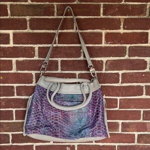 Aimee Kestenberg satchel- purple, plum,turquoise embossed snake-print leather